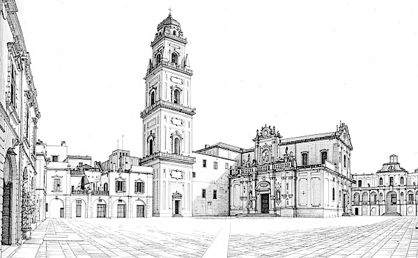 Piazza Duomo a Lecce, in un disegno